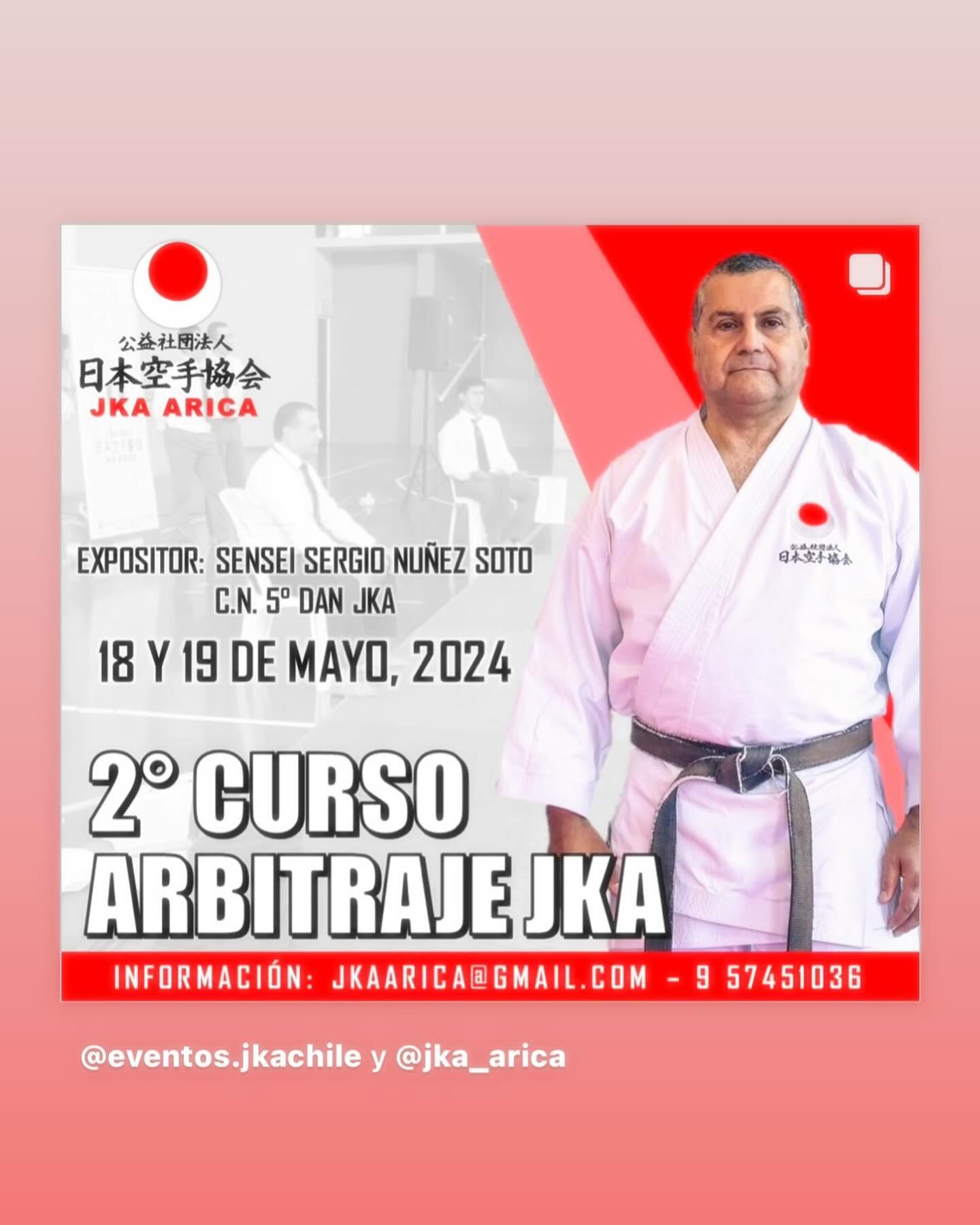 Afiche del segundo Curso de Arbitraje JKA en Arica, anunciado para el 18 y 19 de mayo de 2024, con Sergio Núñez Soto como expositor.
