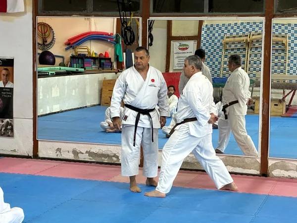 Adultos trabajan una técnica de karate durante un entrenamiento compartido.