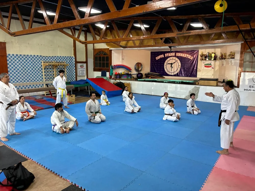 Alumnos e instructor reunidos durante una clase de karate.